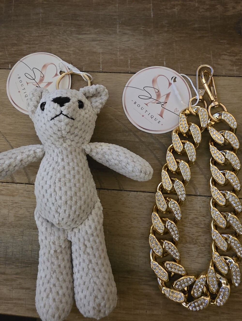 SaBoutique Cream Knit Bear Plush Bag Charm with Gold-Tone Bag Chain (2 For $30)